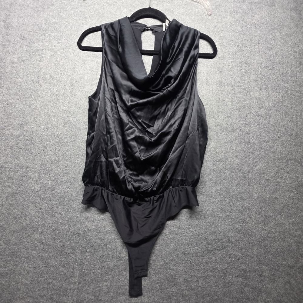 CAMI NYC Black Satin Cowl Neck Draped Bodysuit Women's Size M